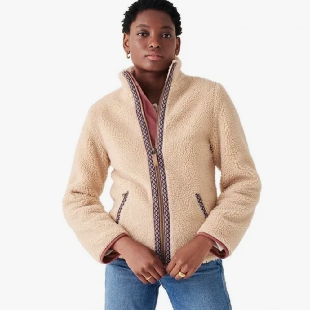Faherty Ashbury High Pile Fleece Jacket in Cream/Rust
